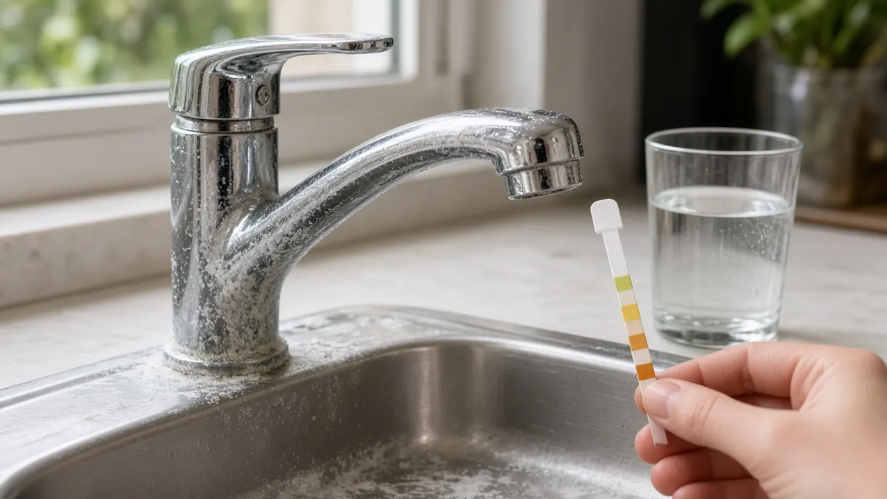 Test de dureté de l'eau près d'un robinet entartré dans un évier à Boulogne-Billancourt